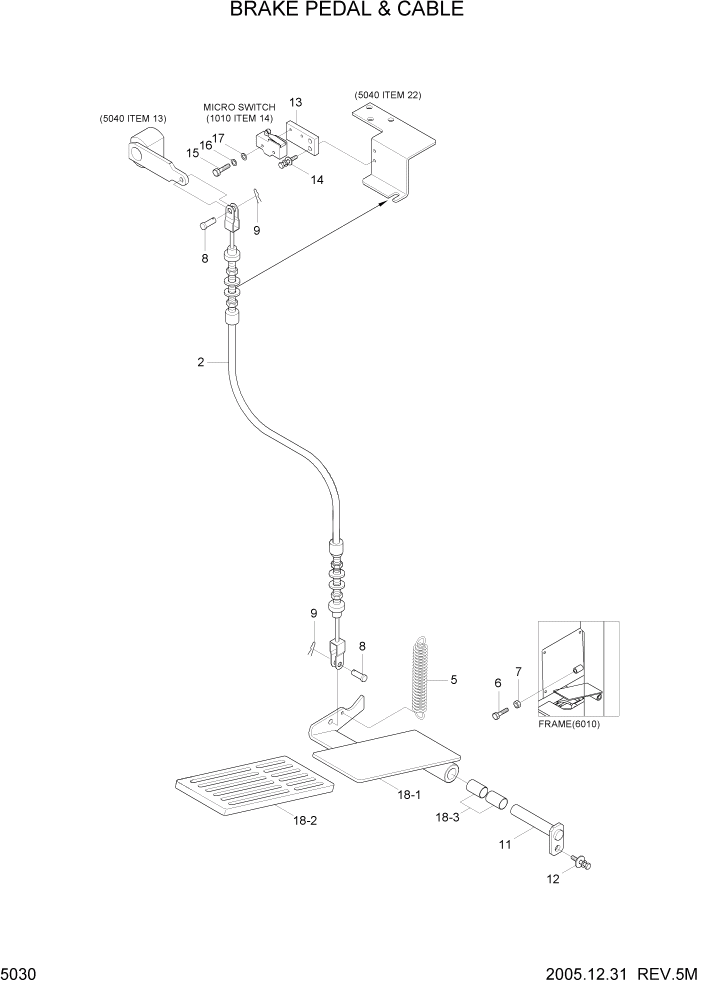 Схема запчастей Hyundai HBR20/HBR25-7 - PAGE 5030 BRAKE PEDAL & CABLE СИСТЕМА УПРАВЛЕНИЯ