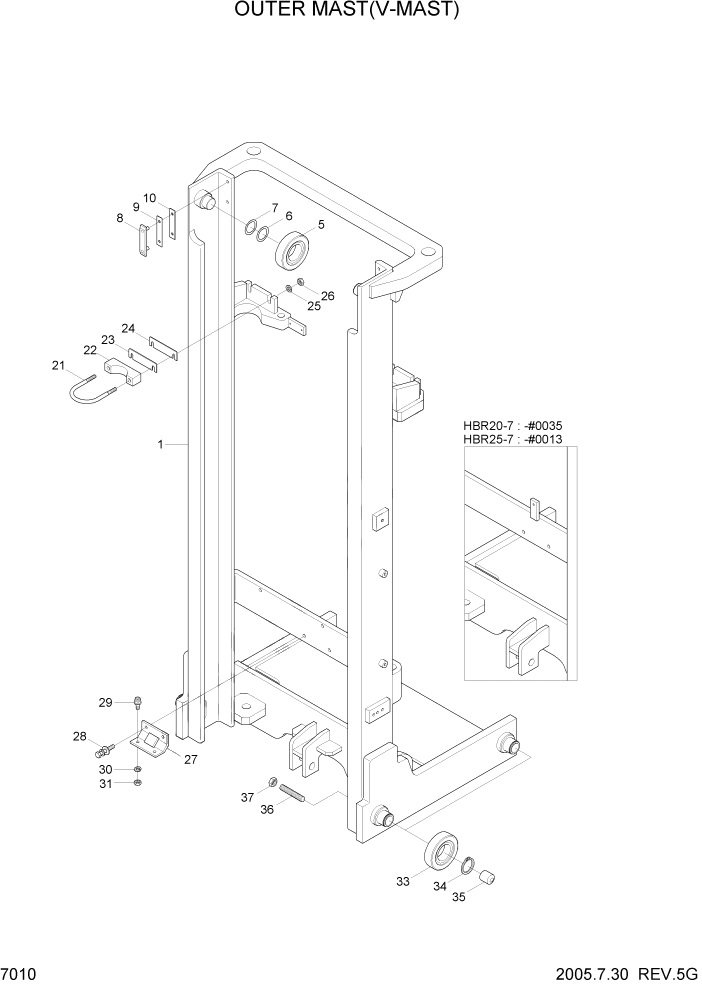 Схема запчастей Hyundai HBR20/HBR25-7 - PAGE 7010 OUTER MAST(V-MAST) РАБОЧЕЕ ОБОРУДОВАНИЕ