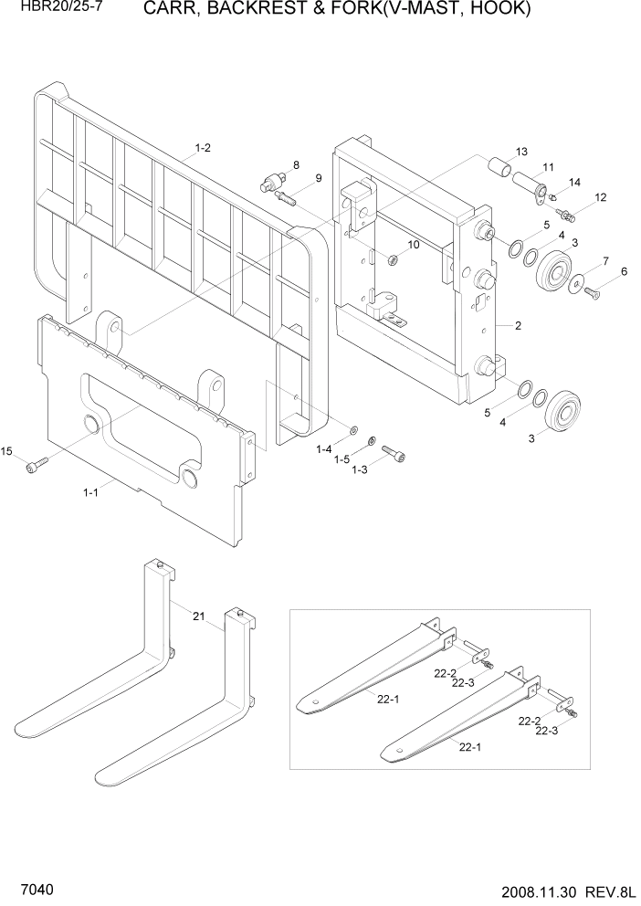 Схема запчастей Hyundai HBR20/HBR25-7 - PAGE 7040 CARR,BACKREST & FORK(V-MAST,HOOK) РАБОЧЕЕ ОБОРУДОВАНИЕ