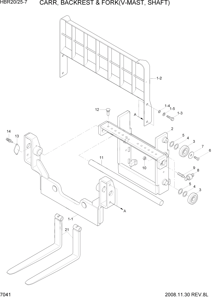 Схема запчастей Hyundai HBR20/HBR25-7 - PAGE 7041 CARR,BACKREST & FORK(V-MAST,SHAFT) РАБОЧЕЕ ОБОРУДОВАНИЕ