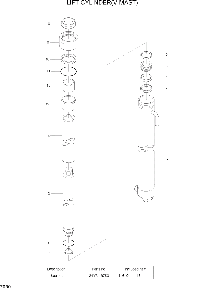 Схема запчастей Hyundai HBR20/HBR25-7 - PAGE 7050 LIFT CYLINDER(V-MAST) РАБОЧЕЕ ОБОРУДОВАНИЕ