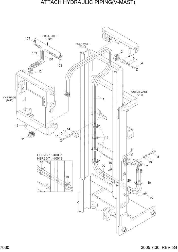 Схема запчастей Hyundai HBR20/HBR25-7 - PAGE 7060 ATTACH HYDRAULIC PIPING(V-MAST) РАБОЧЕЕ ОБОРУДОВАНИЕ