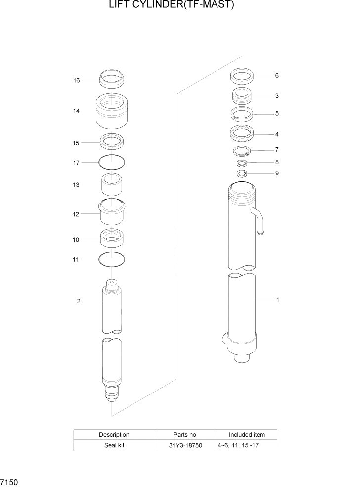 Схема запчастей Hyundai HBR20/HBR25-7 - PAGE 7150 LIFT CYLINDER(TF-MAST) РАБОЧЕЕ ОБОРУДОВАНИЕ