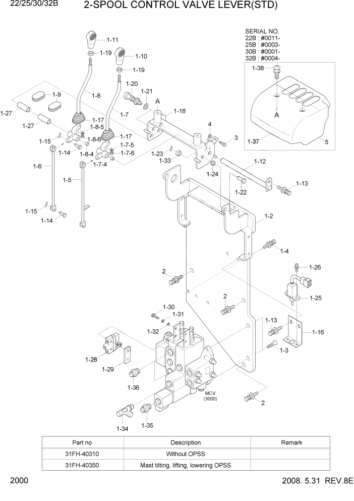 Схема запчастей Hyundai 22/25/30/32B-7 - PAGE 2000 2-SPOOL CONTROL VALVE LEVER(STD) ГИДРАВЛИЧЕСКАЯ СИСТЕМА