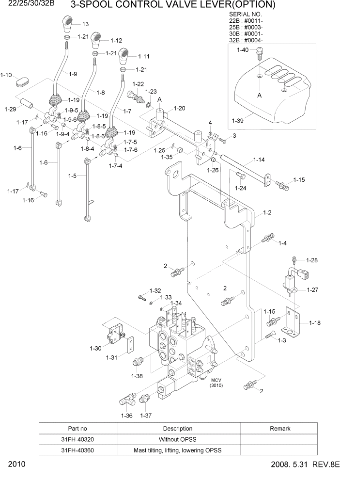 Схема запчастей Hyundai 22/25/30/32B-7 - PAGE 2010 3-SPOOL CONTROL VALVE LEVER(OPTION) ГИДРАВЛИЧЕСКАЯ СИСТЕМА