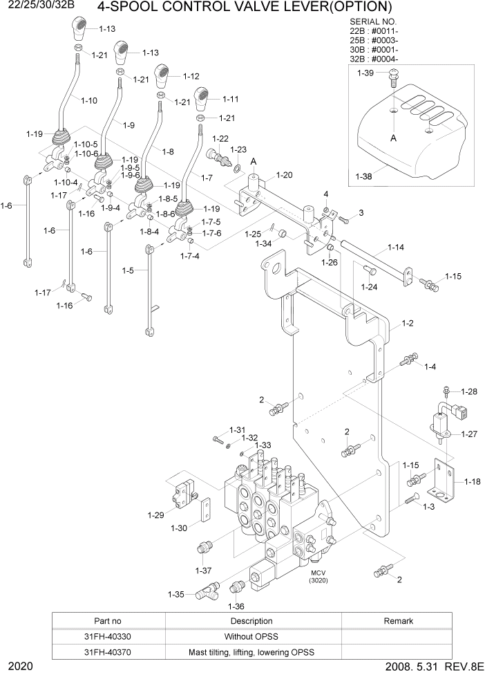 Схема запчастей Hyundai 22/25/30/32B-7 - PAGE 2020 4-SPOOL CONTROL VALVE LEVER(OPTION) ГИДРАВЛИЧЕСКАЯ СИСТЕМА