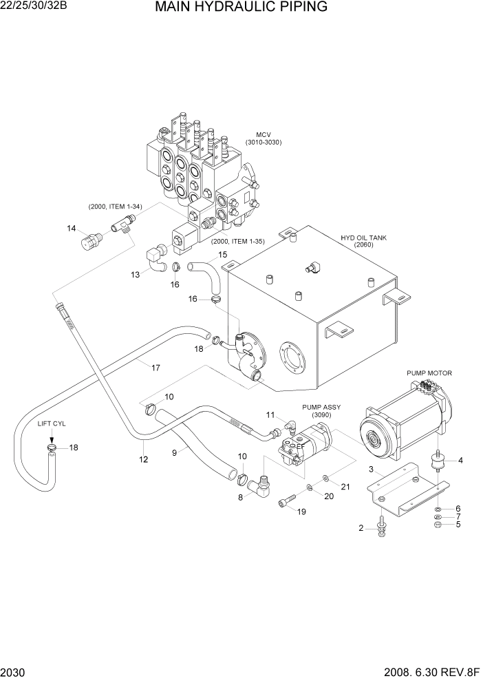 Схема запчастей Hyundai 22/25/30/32B-7 - PAGE 2030 MAIN HYDRAULIC PIPING ГИДРАВЛИЧЕСКАЯ СИСТЕМА