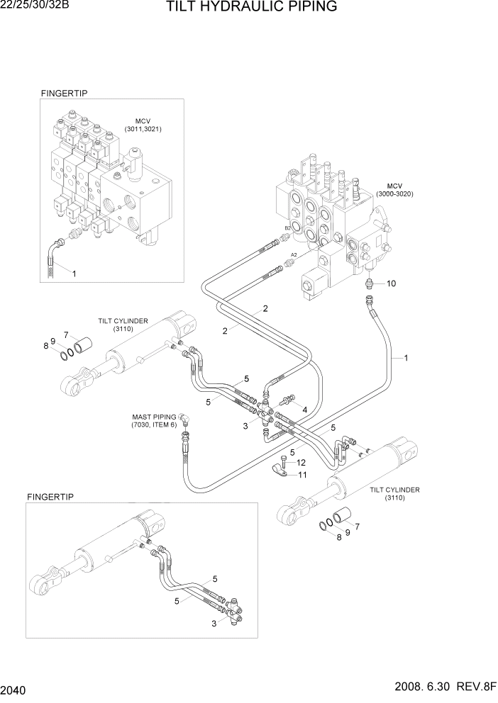 Схема запчастей Hyundai 22/25/30/32B-7 - PAGE 2040 TILT HYDRAULIC PIPING ГИДРАВЛИЧЕСКАЯ СИСТЕМА