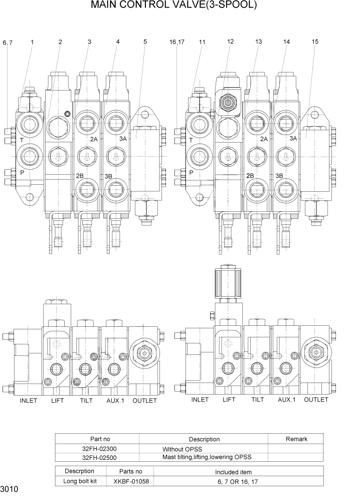 Схема запчастей Hyundai 22/25/30/32B-7 - PAGE 3010 MAIN CONTROL VALVE(3-SPOOL) ГИДРАВЛИЧЕСКИЕ КОМПОНЕНТЫ