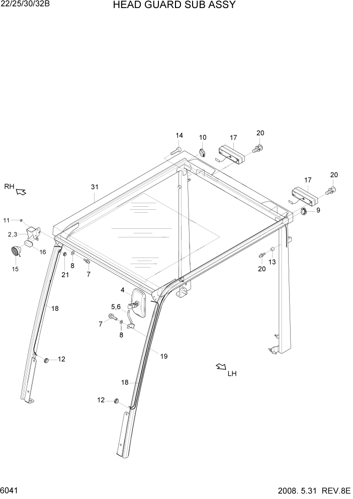 Схема запчастей Hyundai 22/25/30/32B-7 - PAGE 6041 HEAD GUARD SUB ASSY СТРУКТУРА