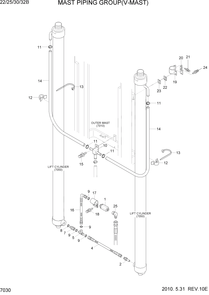 Схема запчастей Hyundai 22/25/30/32B-7 - PAGE 7030 MAST HYDRAULIC PIPING(V-MAST) РАБОЧЕЕ ОБОРУДОВАНИЕ