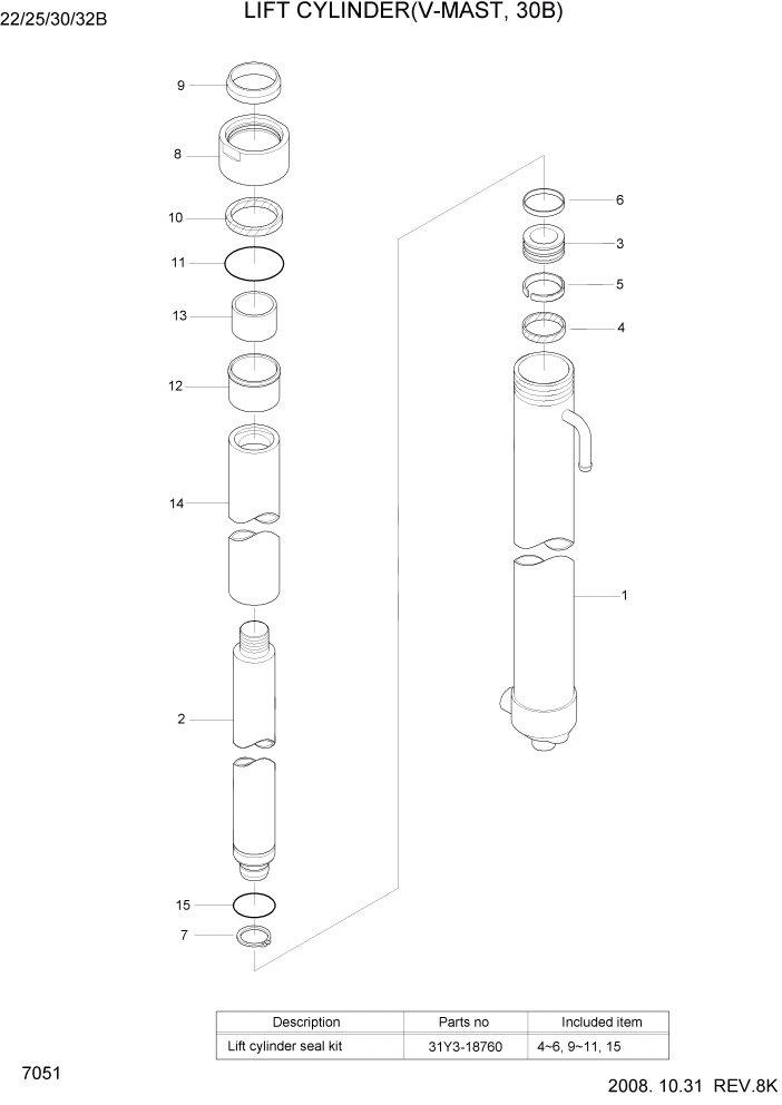 Схема запчастей Hyundai 22/25/30/32B-7 - PAGE 7051 LIFT CYLINDER(V-MAST, 30B) РАБОЧЕЕ ОБОРУДОВАНИЕ