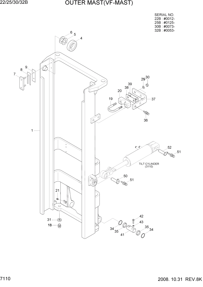 Схема запчастей Hyundai 22/25/30/32B-7 - PAGE 7110 OUTER MAST(VF-MAST) РАБОЧЕЕ ОБОРУДОВАНИЕ