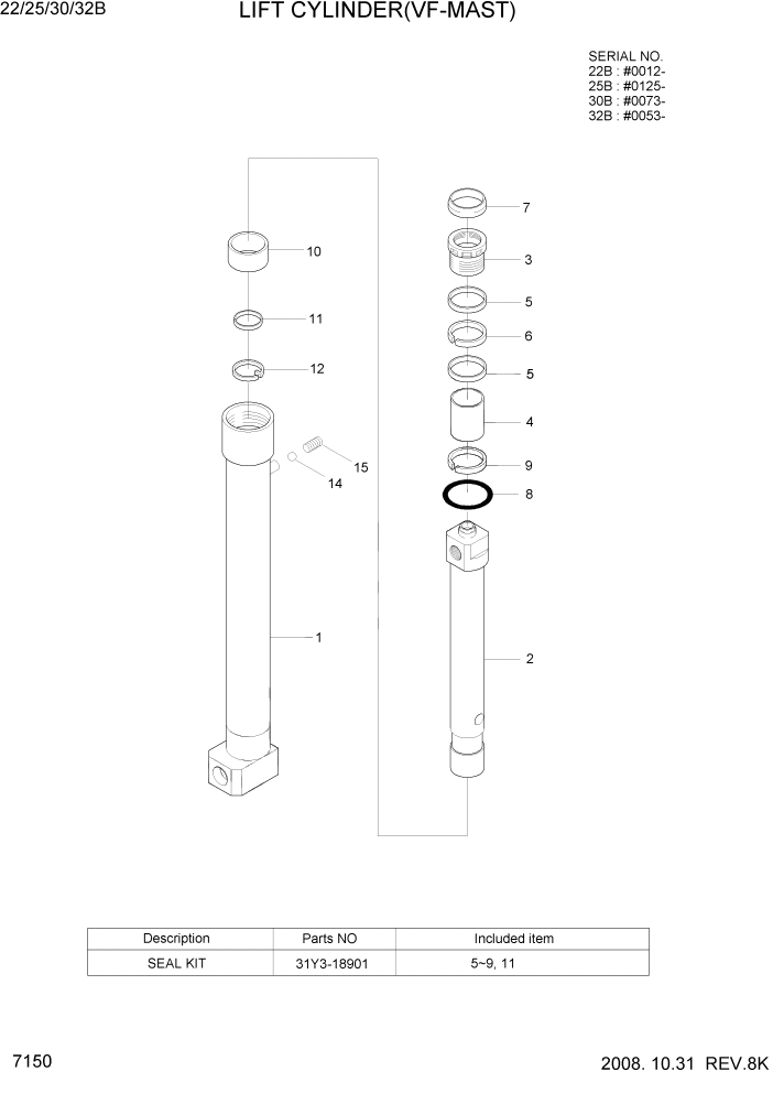 Схема запчастей Hyundai 22/25/30/32B-7 - PAGE 7150 LIFT CYLINDER(VF-MAST) РАБОЧЕЕ ОБОРУДОВАНИЕ