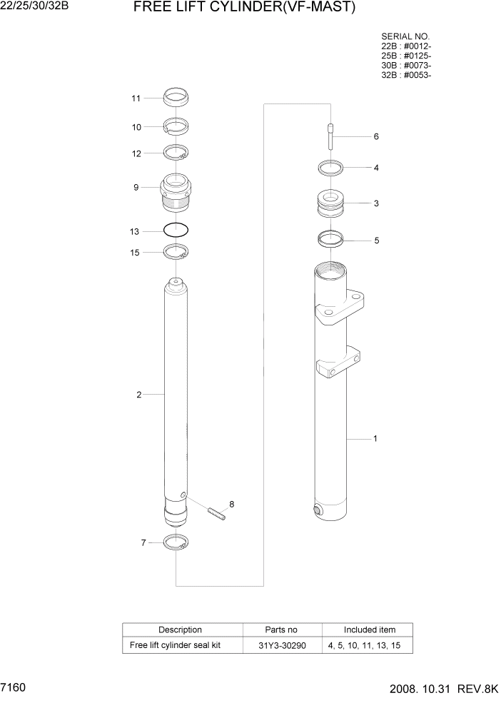 Схема запчастей Hyundai 22/25/30/32B-7 - PAGE 7160 FREE LIFT CYLINDER(VF-MAST) РАБОЧЕЕ ОБОРУДОВАНИЕ