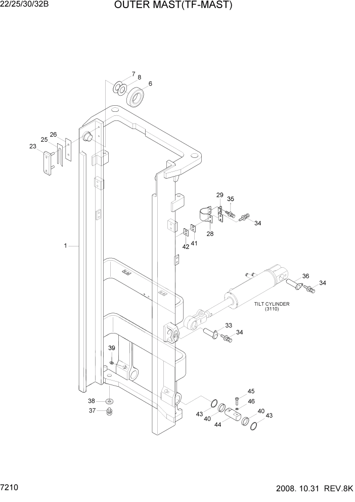 Схема запчастей Hyundai 22/25/30/32B-7 - PAGE 7210 OUTER MAST(TF-MAST) РАБОЧЕЕ ОБОРУДОВАНИЕ