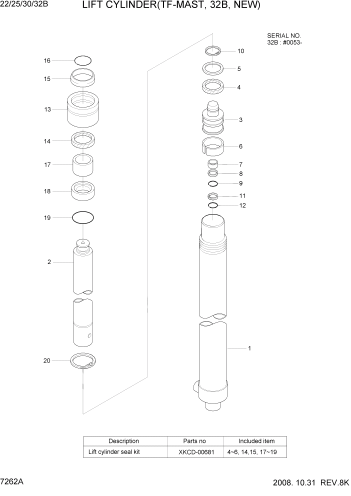 Схема запчастей Hyundai 22/25/30/32B-7 - PAGE 7262A LIFT CYLINDER(TF-MAST, 32B, NEW) РАБОЧЕЕ ОБОРУДОВАНИЕ