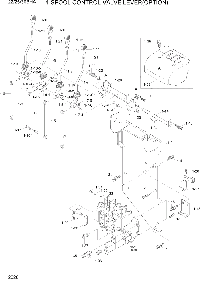 Схема запчастей Hyundai 22/25/30BHA-7 - PAGE 2020 4-SPOOL CONTROL VALVE LEVER(OPTION) ГИДРАВЛИЧЕСКАЯ СИСТЕМА