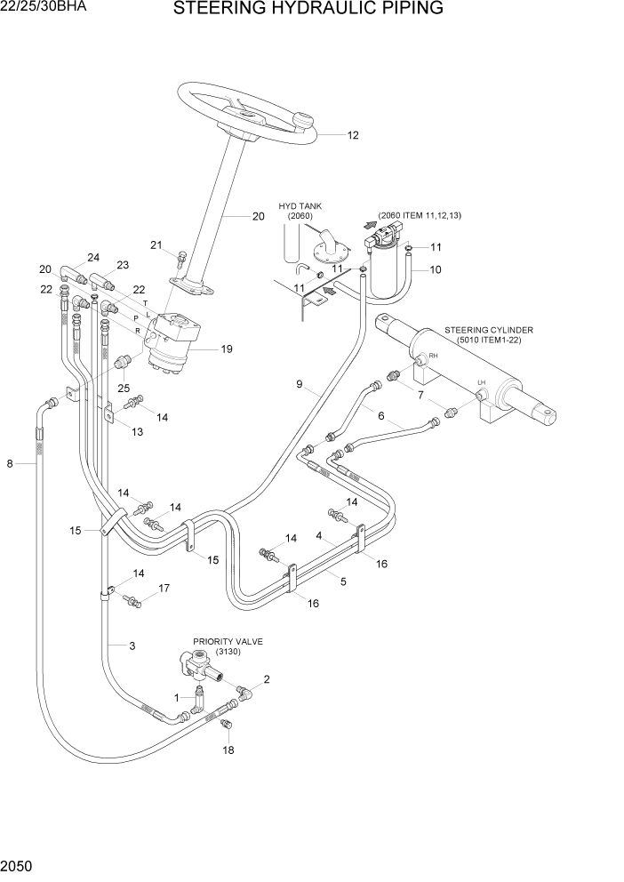 Схема запчастей Hyundai 22/25/30BHA-7 - PAGE 2050 STEERING HYDRAULIC PIPING ГИДРАВЛИЧЕСКАЯ СИСТЕМА