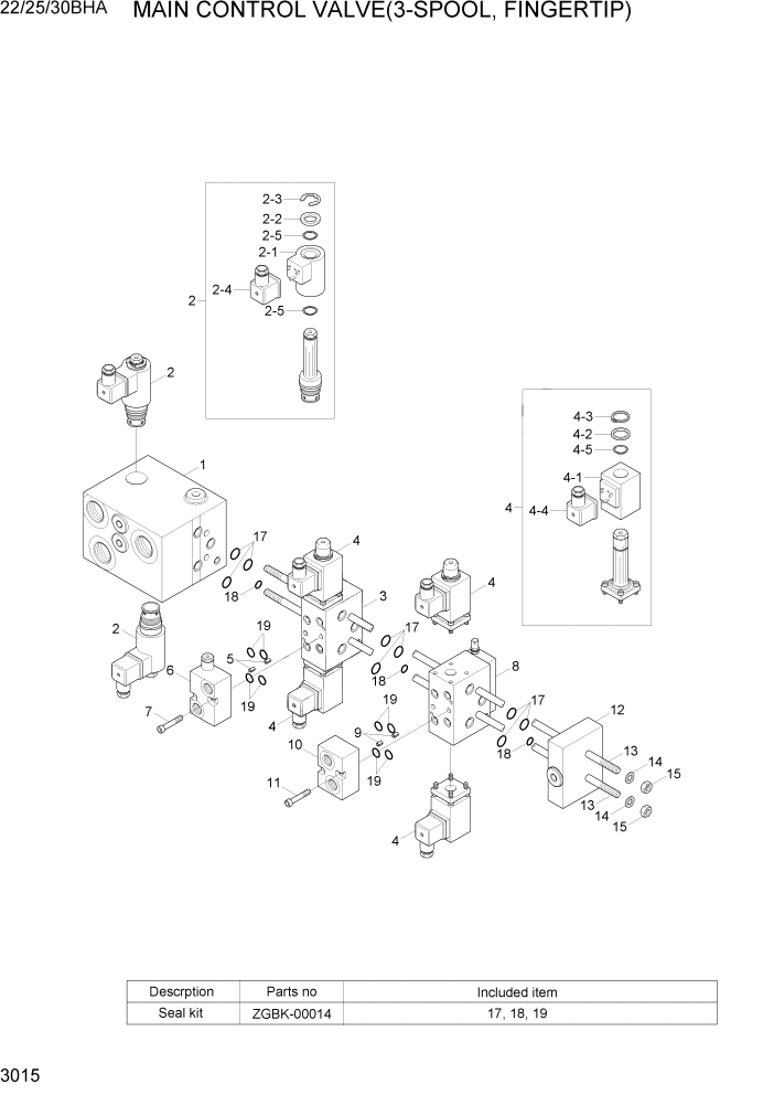 Схема запчастей Hyundai 22/25/30BHA-7 - PAGE 3015 MAIN CONTROL VALVE(3-SPOOL, FINGERTIP) ГИДРАВЛИЧЕСКИЕ КОМПОНЕНТЫ