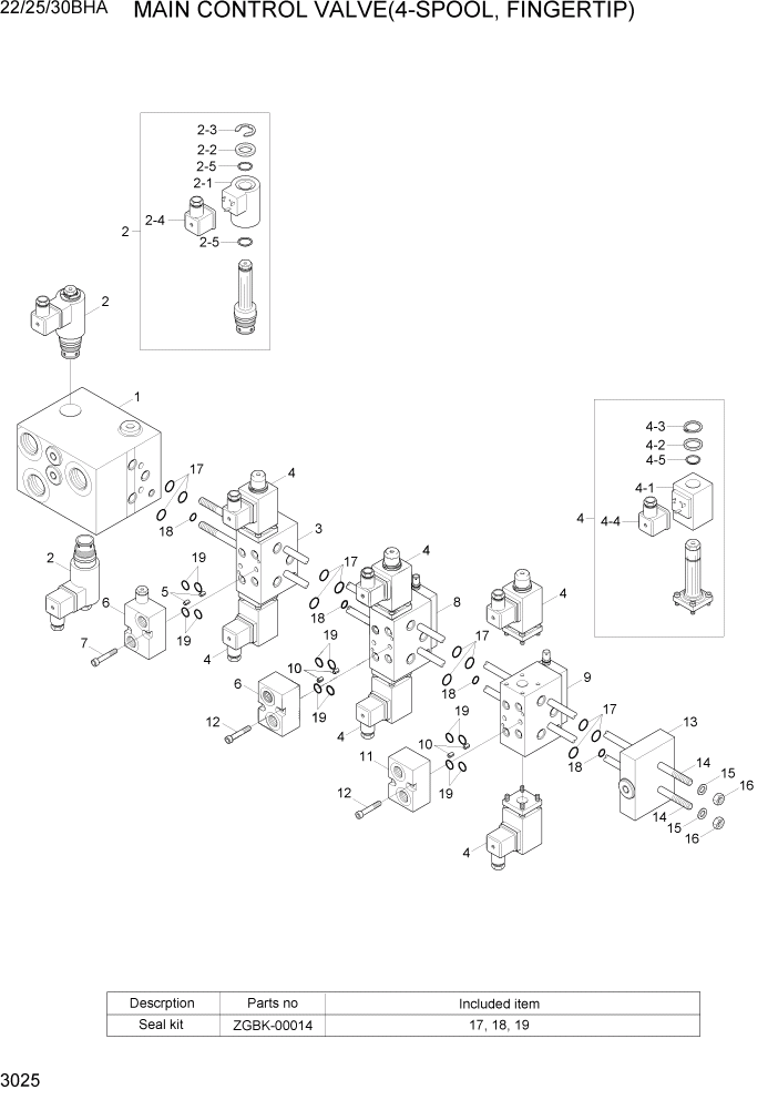 Схема запчастей Hyundai 22/25/30BHA-7 - PAGE 3025 MAIN CONTROL VALVE(4-SPOOL, FINGERTIP) ГИДРАВЛИЧЕСКИЕ КОМПОНЕНТЫ