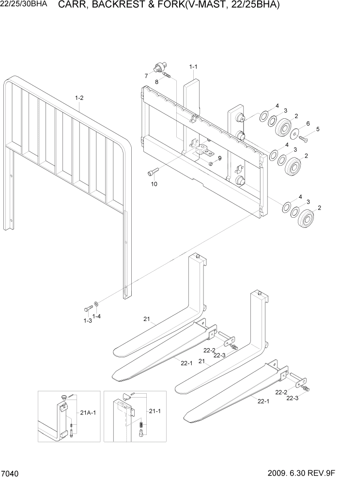 Схема запчастей Hyundai 22/25/30BHA-7 - PAGE 7040 CARR, BACKREST & FORK(V-MAST,22/25BHA) РАБОЧЕЕ ОБОРУДОВАНИЕ