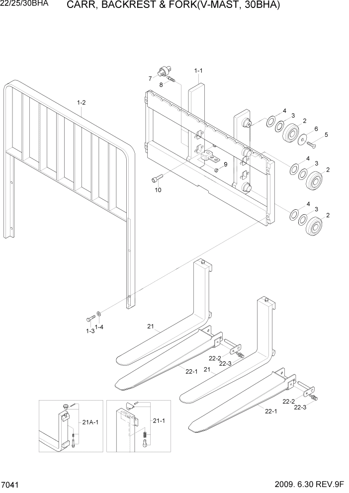 Схема запчастей Hyundai 22/25/30BHA-7 - PAGE 7041 CARR, BACKREST & FORK(V-MAST,30BHA) РАБОЧЕЕ ОБОРУДОВАНИЕ