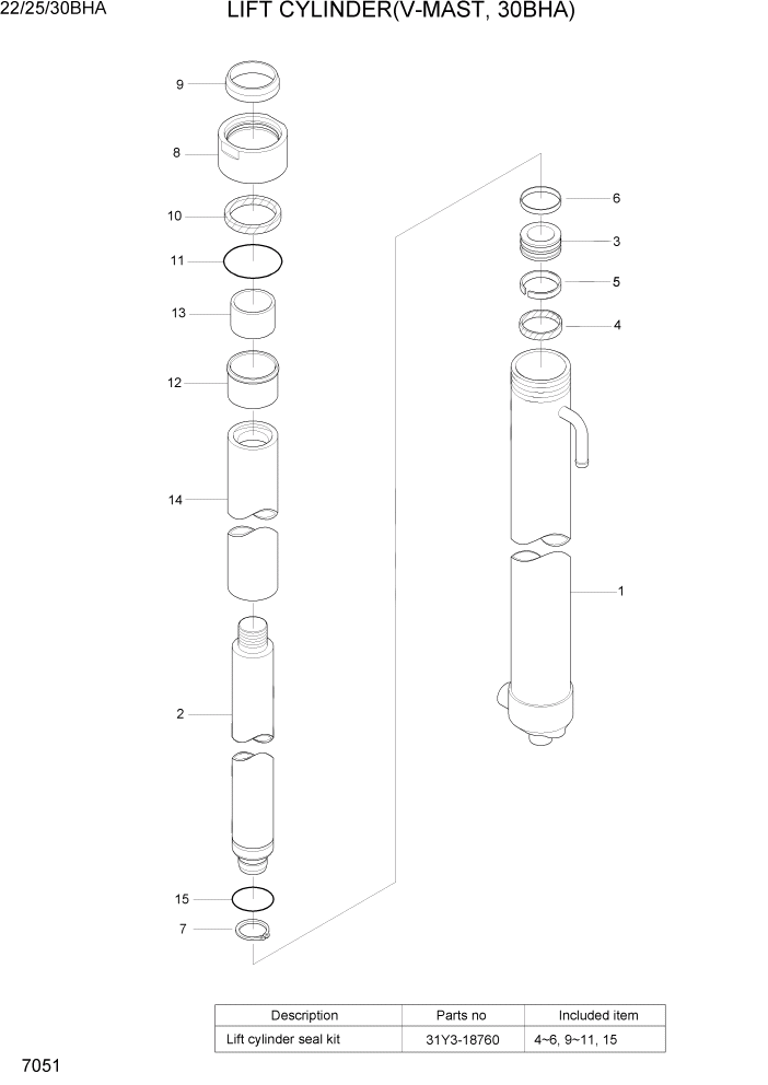 Схема запчастей Hyundai 22/25/30BHA-7 - PAGE 7051 LIFT CYLINDER(V-MAST,30BHA) РАБОЧЕЕ ОБОРУДОВАНИЕ