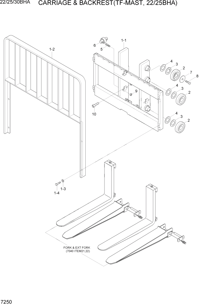 Схема запчастей Hyundai 22/25/30BHA-7 - PAGE 7250 CARRIAGE & BACKREST(TF-MAST, 22/25BHA) РАБОЧЕЕ ОБОРУДОВАНИЕ