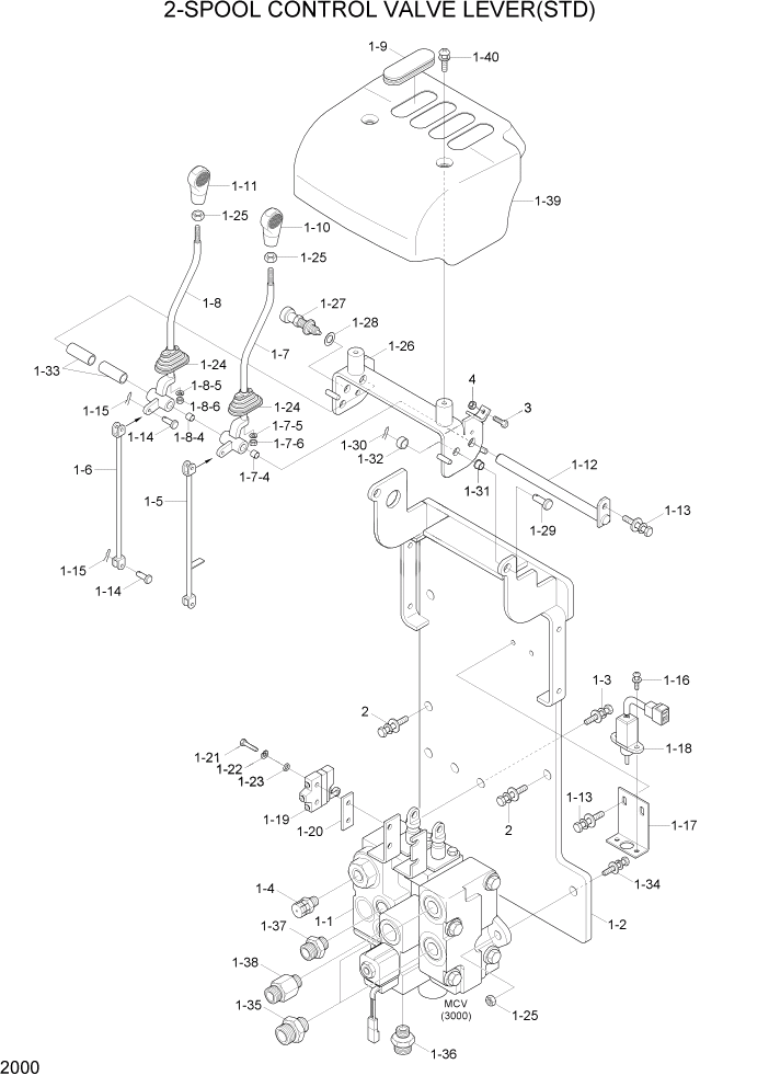 Схема запчастей Hyundai 35/40/45/50B - PAGE 2000 2-SPOOL CONTROL VALVE LEVER(STD) ГИДРАВЛИЧЕСКАЯ СИСТЕМА