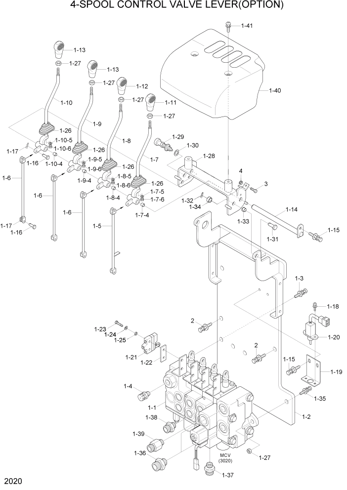 Схема запчастей Hyundai 35/40/45/50B - PAGE 2020 4-SPOOL CONTROL VALVE LEVER(OPTION) ГИДРАВЛИЧЕСКАЯ СИСТЕМА