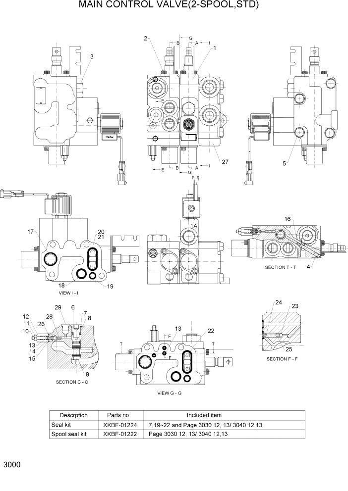 Схема запчастей Hyundai 35/40/45/50B - PAGE 3000 MAIN CONTROL VALVE(2-SPOOL,STD) ГИДРАВЛИЧЕСКИЕ КОМПОНЕНТЫ