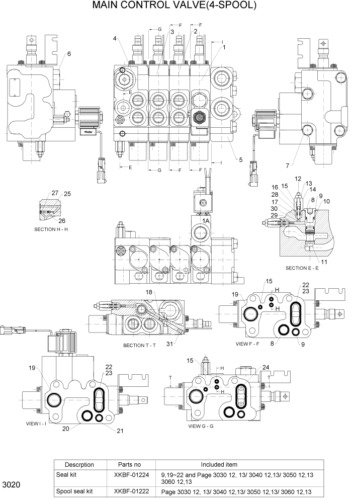 Схема запчастей Hyundai 35/40/45/50B - PAGE 3020 MAIN CONTROL VALVE(4-SPOOL) ГИДРАВЛИЧЕСКИЕ КОМПОНЕНТЫ