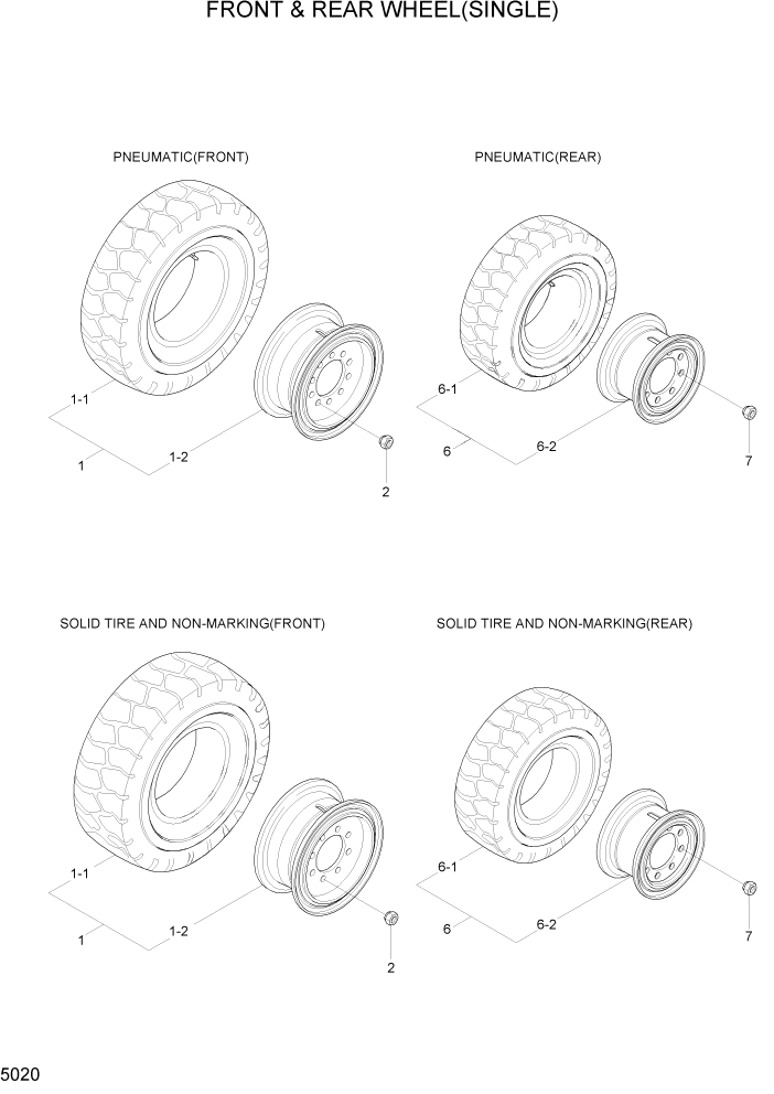 Схема запчастей Hyundai 35/40/45/50B - PAGE 5020 FRONT & REAR WHEEL(SINGLE) РУЛЕВОЕ & СИСТЕМА УПРАВЛЕНИЯ