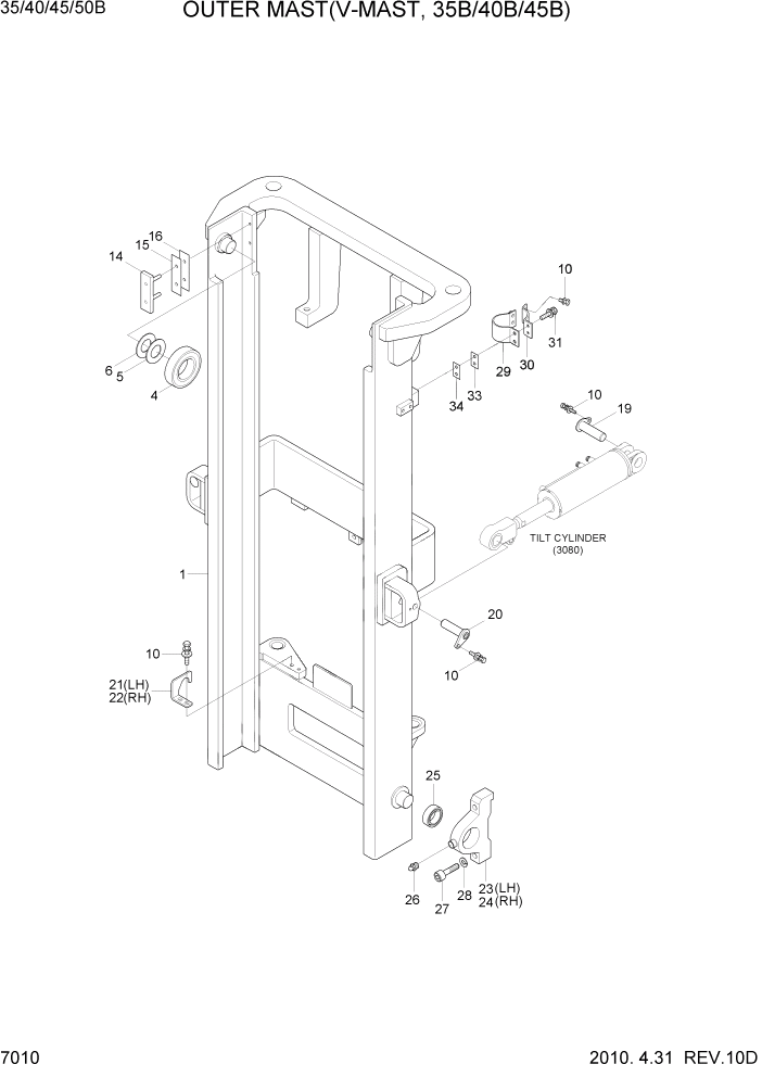 Схема запчастей Hyundai 35/40/45/50B - PAGE 7010 OUTER MAST(V-MAST, 35B/40B/45B) РАБОЧЕЕ ОБОРУДОВАНИЕ