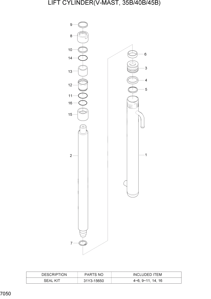 Схема запчастей Hyundai 35/40/45/50B - PAGE 7050 LIFT CYLINDER(V-MAST, 35B/40B/45B) РАБОЧЕЕ ОБОРУДОВАНИЕ