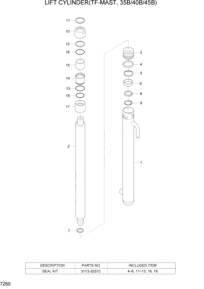 Схема запчастей Hyundai 35/40/45/50B - PAGE 7260 LIFT CYLINDER(TF-MAST, 35B/40B/45B) РАБОЧЕЕ ОБОРУДОВАНИЕ