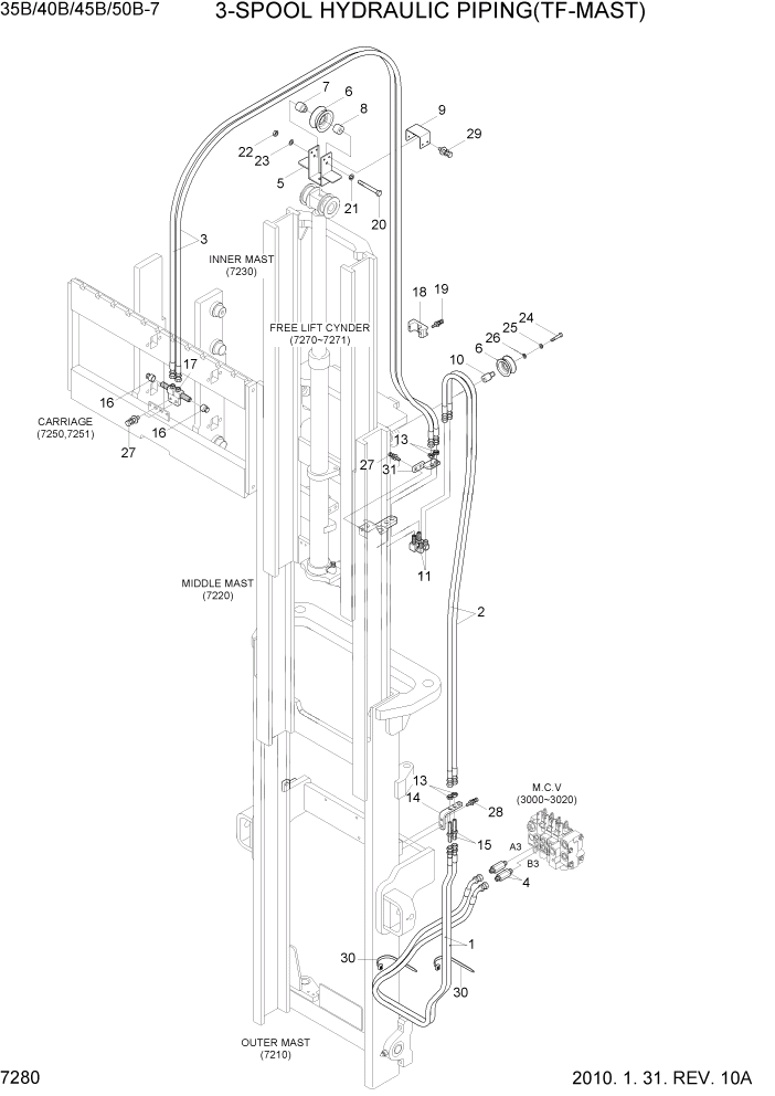 Схема запчастей Hyundai 35/40/45/50B - PAGE 7280 3-SPOOL HYDRAULIC PIPING(TF-MAST) РАБОЧЕЕ ОБОРУДОВАНИЕ