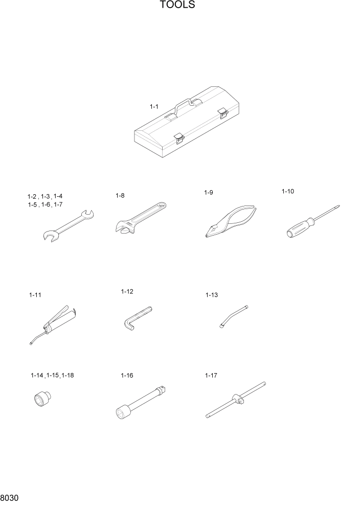 Схема запчастей Hyundai 35/40/45/50B - PAGE 8030 TOOLS ДРУГИЕ ЧАСТИ