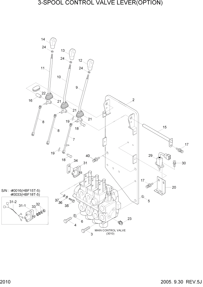 Схема запчастей Hyundai HBF15/HBF18T-5 - PAGE 2010 3-SPOOL CONTROL VALVE LEVER(OPTION) ГИДРАВЛИЧЕСКАЯ СИСТЕМА