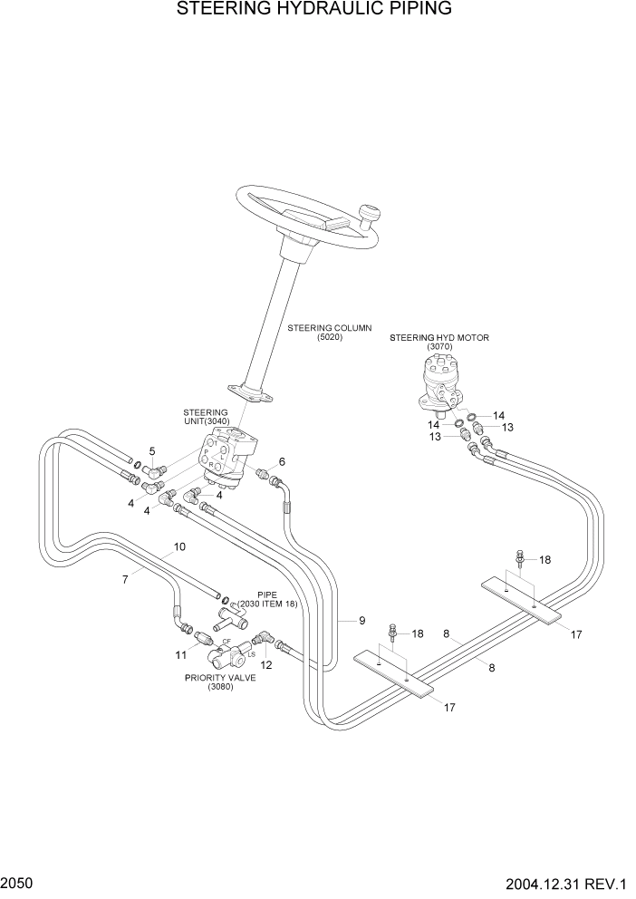 Схема запчастей Hyundai HBF15/HBF18T-5 - PAGE 2050 STEERING HYDRAULIC PIPING ГИДРАВЛИЧЕСКАЯ СИСТЕМА