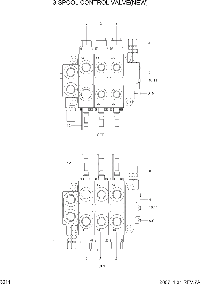 Схема запчастей Hyundai HBF15/HBF18T-5 - PAGE 3011 3-SPOOL CONTROL VALVE(OPTION,NEW) ГИДРАВЛИЧЕСКИЕ КОМПОНЕНТЫ