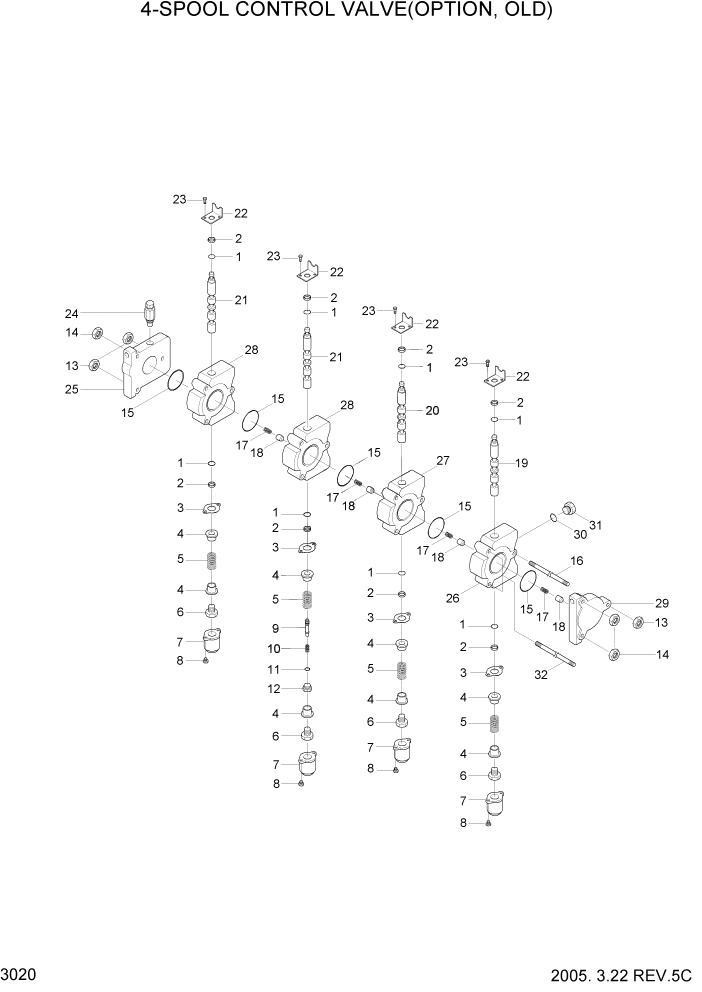 Схема запчастей Hyundai HBF15/HBF18T-5 - PAGE 3020 4-SPOOL CONTROL VALVE(OPTION,OLD) ГИДРАВЛИЧЕСКИЕ КОМПОНЕНТЫ