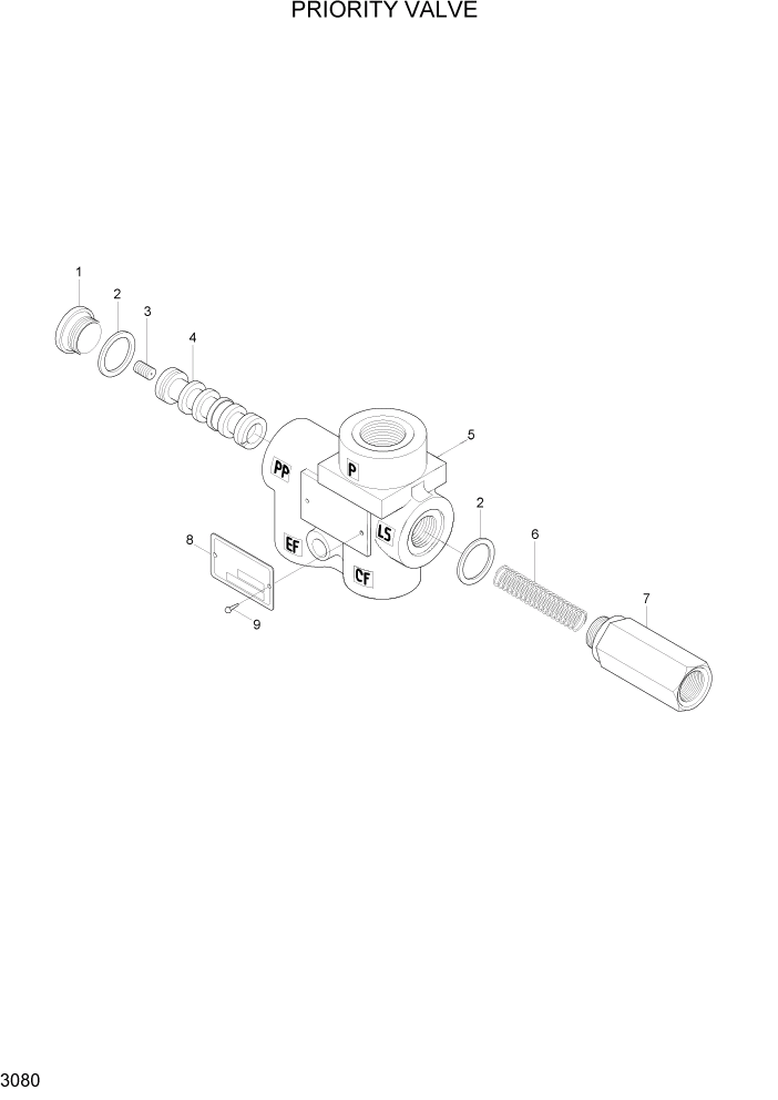 Схема запчастей Hyundai HBF15/HBF18T-5 - PAGE 3080 PRIORITY VALVE ГИДРАВЛИЧЕСКИЕ КОМПОНЕНТЫ