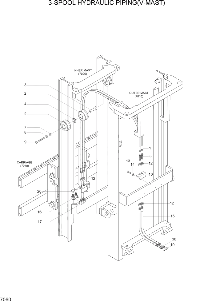 Схема запчастей Hyundai HBF15/HBF18T-5 - PAGE 7060 3-SPOOL HYDRAULIC PIPING(V-MAST) РАБОЧЕЕ ОБОРУДОВАНИЕ