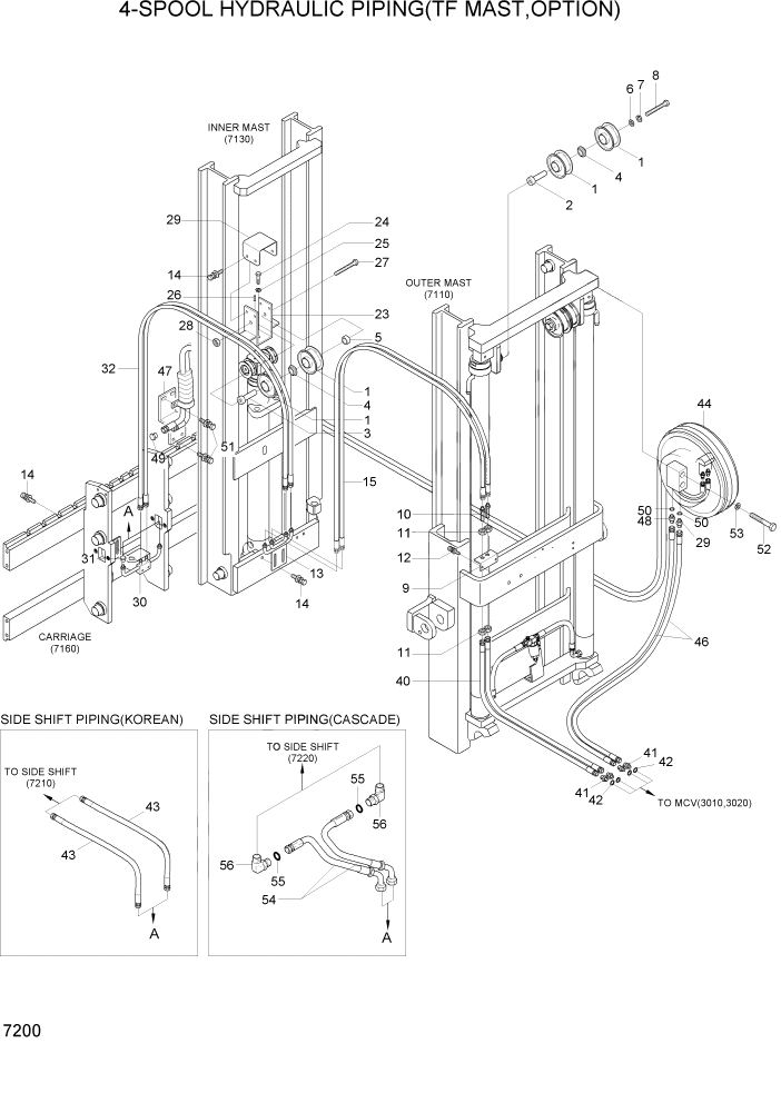 Схема запчастей Hyundai HBF15/HBF18T-5 - PAGE 7200 4-SPOOL HYDRAULIC PIPING(TF MAST,OPTION) РАБОЧЕЕ ОБОРУДОВАНИЕ