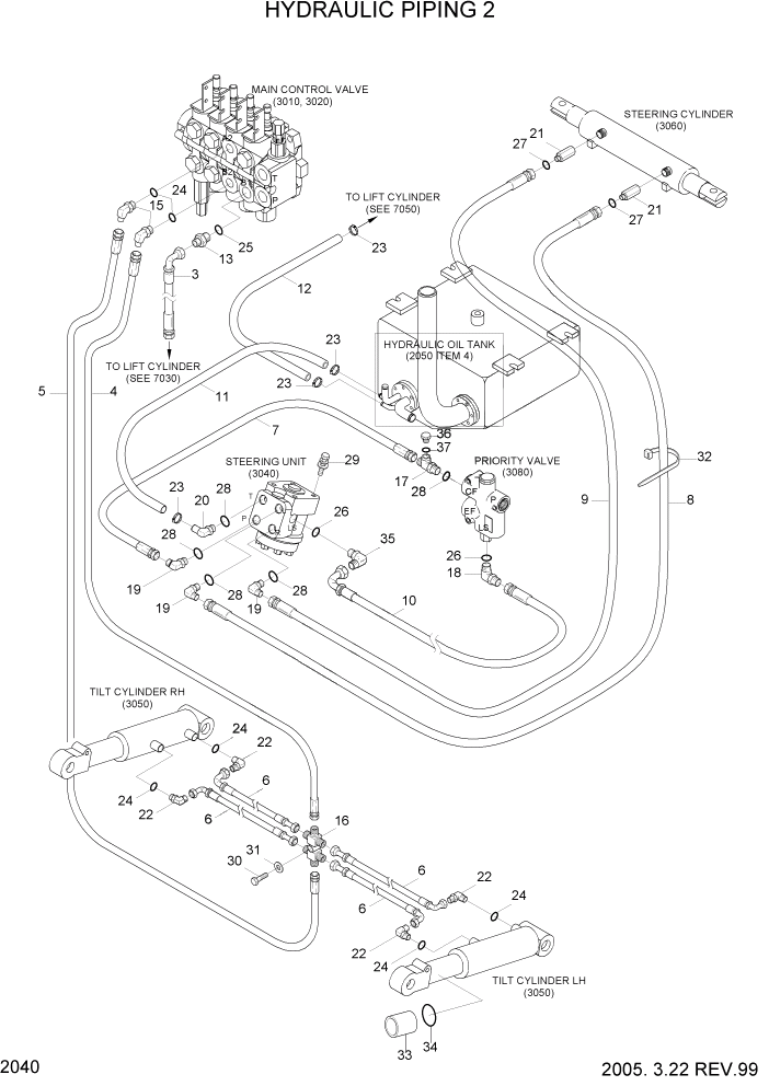 Схема запчастей Hyundai HBF15/HBF18-3 - PAGE 2040 HYDRAULIC PIPING 2 ГИДРАВЛИЧЕСКАЯ СИСТЕМА