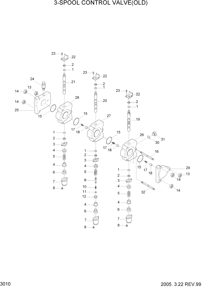 Схема запчастей Hyundai HBF15/HBF18-3 - PAGE 3010 3-SPOOL CONTROL VALVE(OLD) ГИДРАВЛИЧЕСКИЕ КОМПОНЕНТЫ