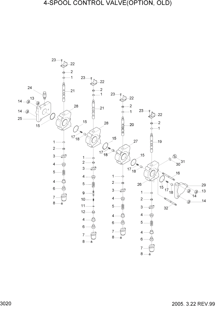 Схема запчастей Hyundai HBF15/HBF18-3 - PAGE 3020 4-SPOOL CONTROL VALVE(OPTION,OLD) ГИДРАВЛИЧЕСКИЕ КОМПОНЕНТЫ