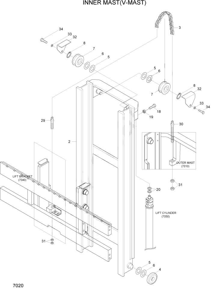 Схема запчастей Hyundai HBF15/HBF18-3 - PAGE 7020 INNER MAST(V-MAST) РАБОЧЕЕ ОБОРУДОВАНИЕ